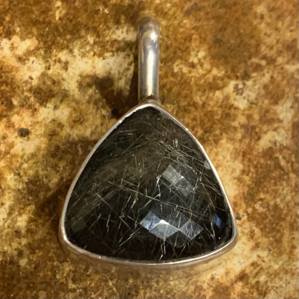 Obsidian Brand Pendant Sterling Silver and Triangular Rutilated Quartz Statement